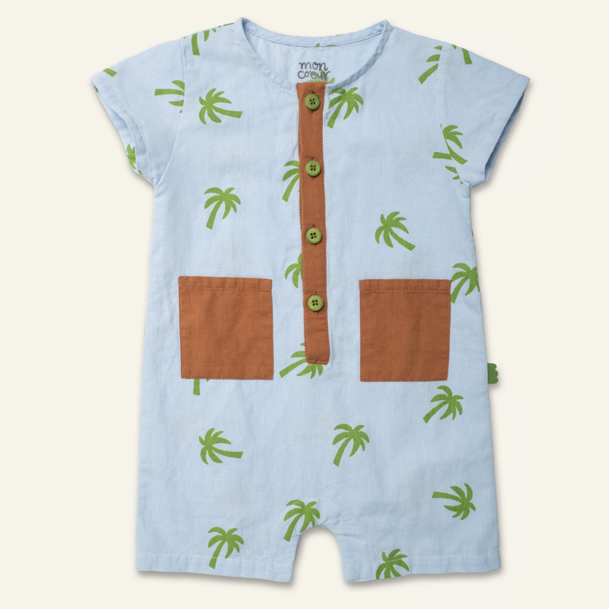 Linen Palm Tree Pocket Baby Romper