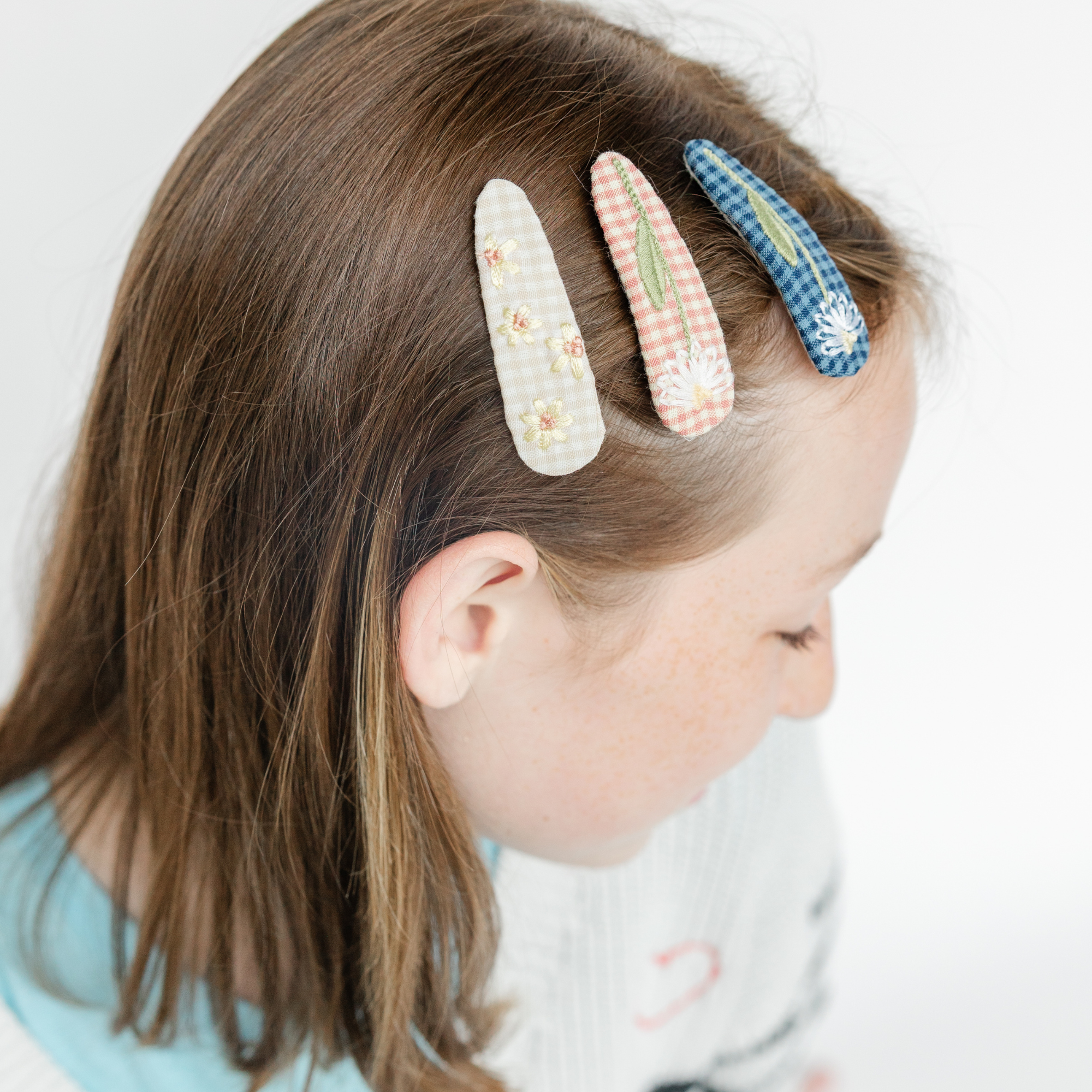 Gingham Embroidered Floral Hair Clip Set