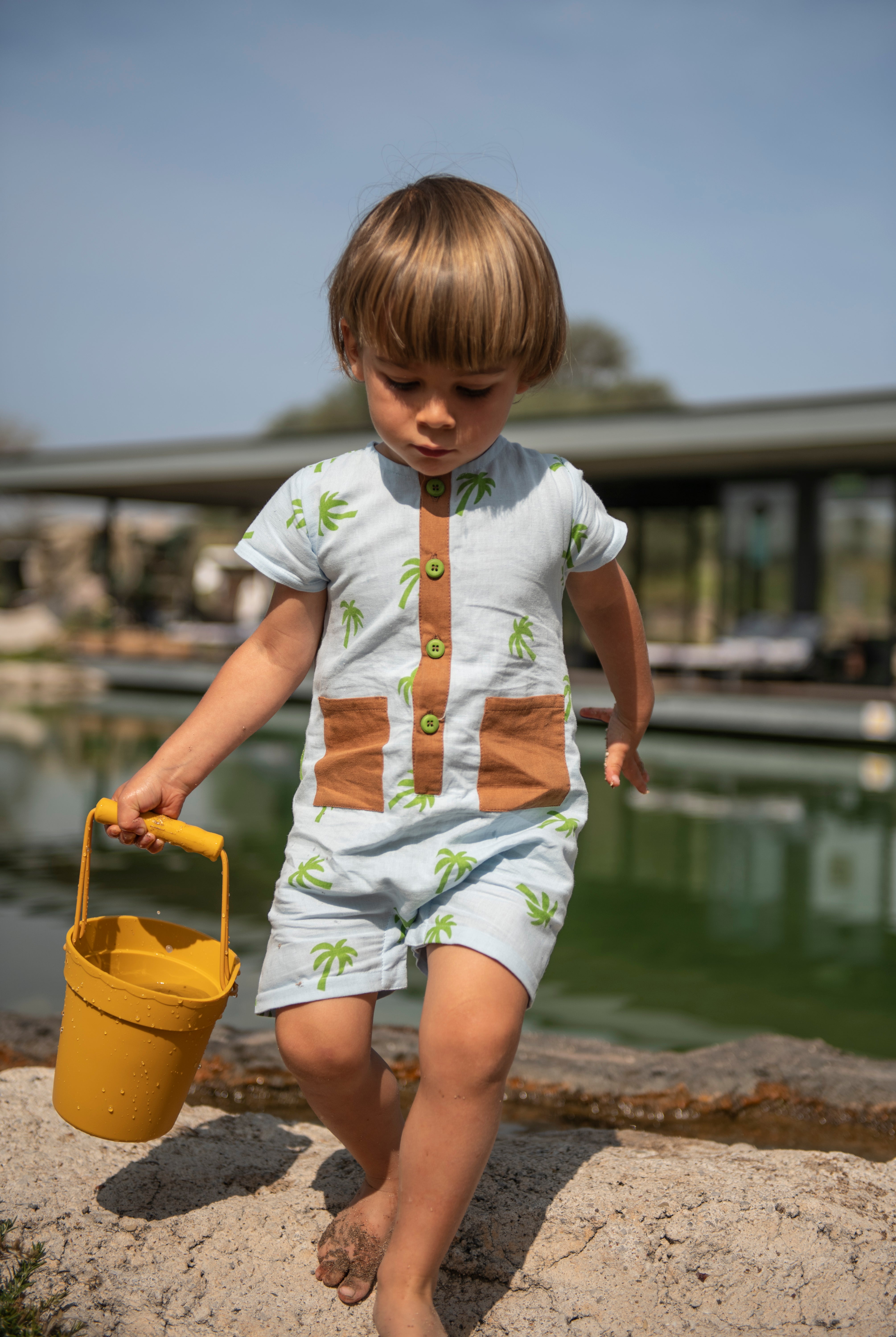 Linen Palm Tree Pocket Baby Romper