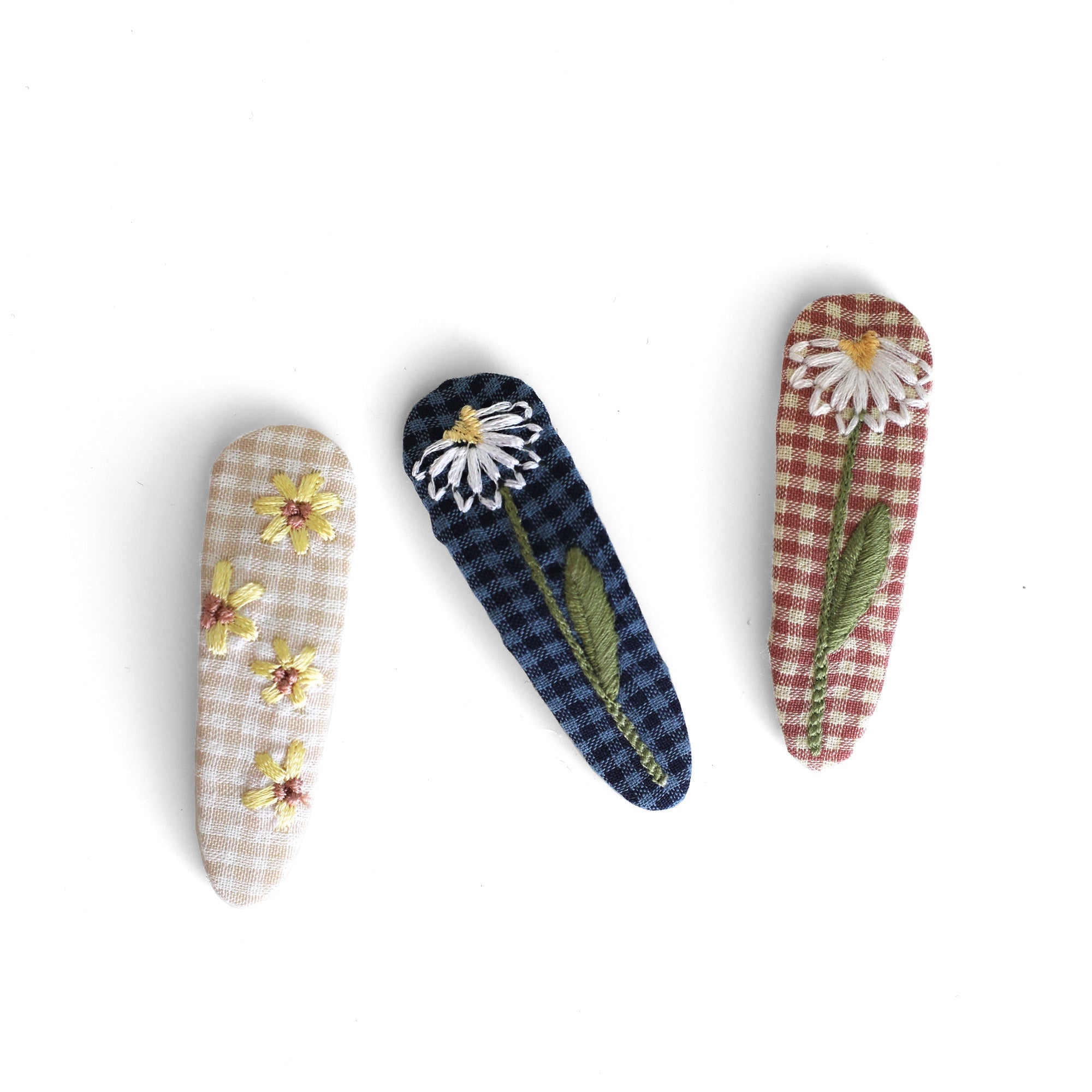 Gingham Embroidered Floral Hair Clip Set