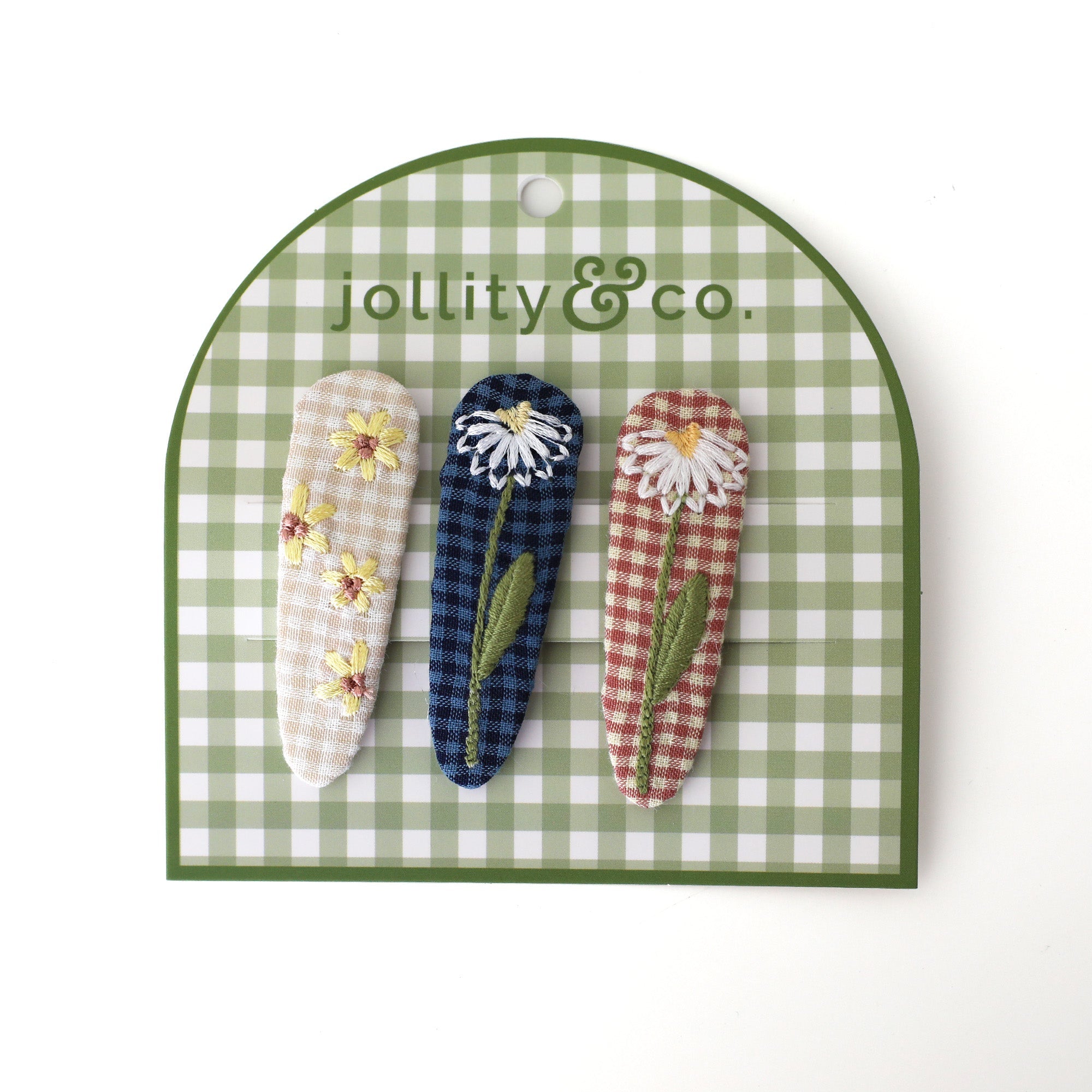 Gingham Embroidered Floral Hair Clip Set