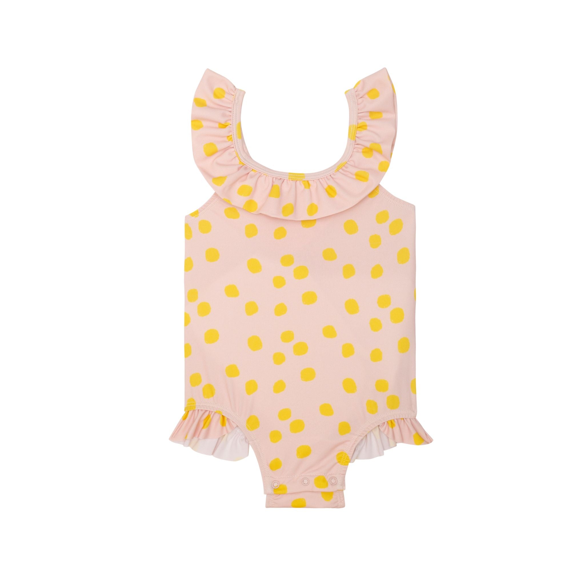 Recycled Polyester Pink Dotted Ruffle Baby Swimsuit