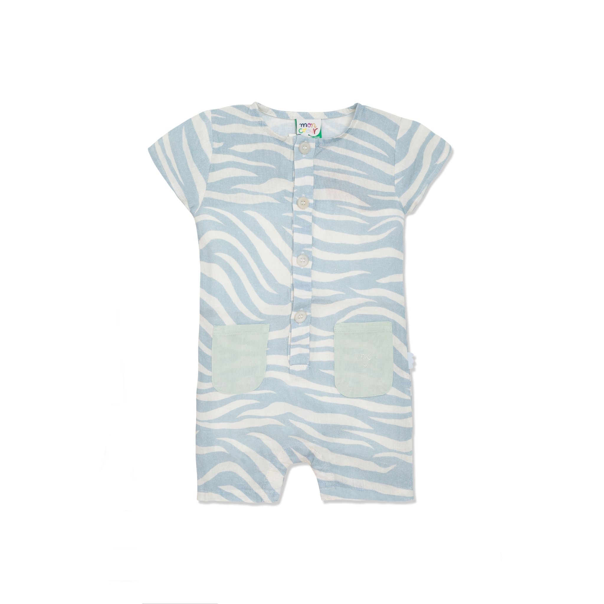 Linen Blue Zebra Baby Romper