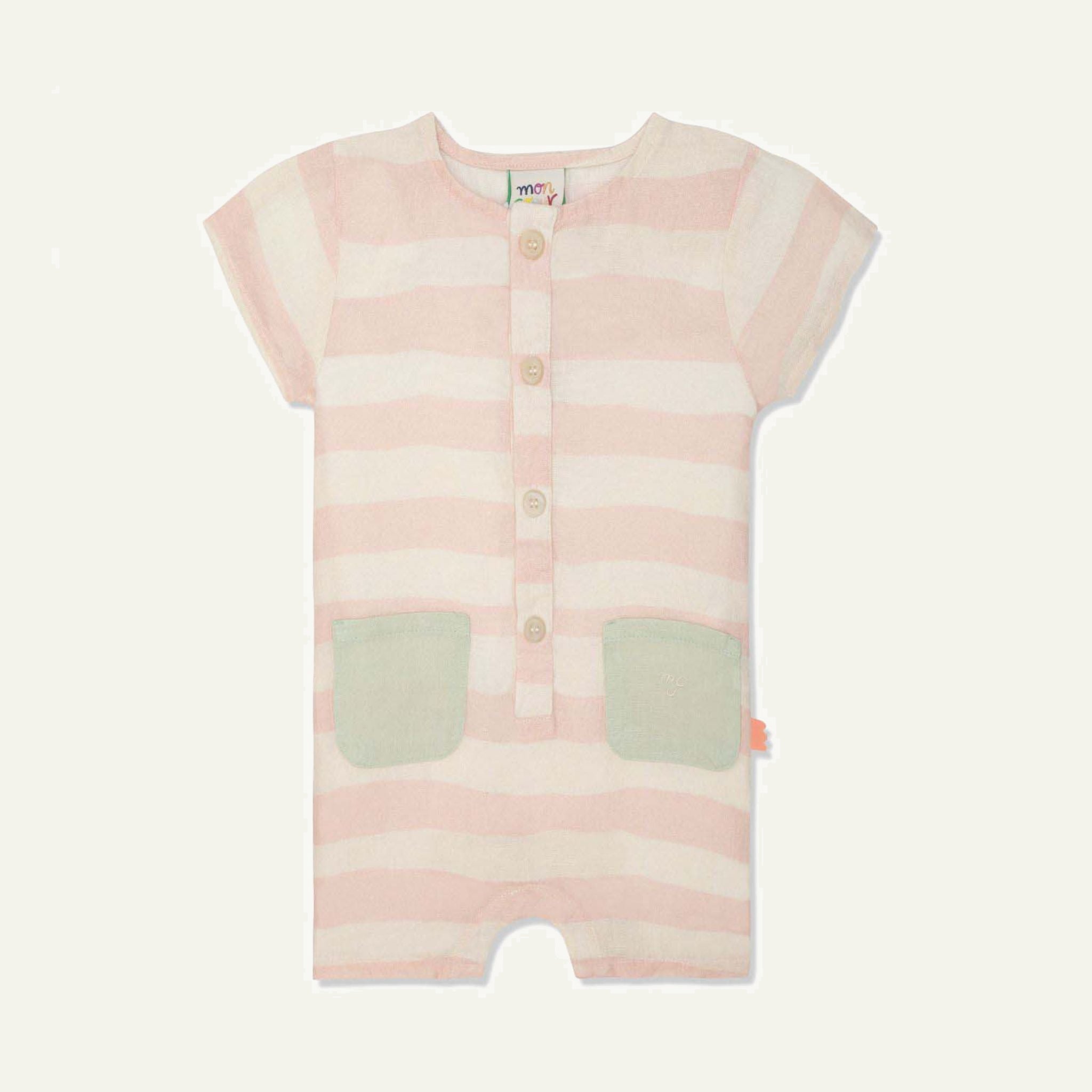 Linen Striped Misty Rose Baby Romper