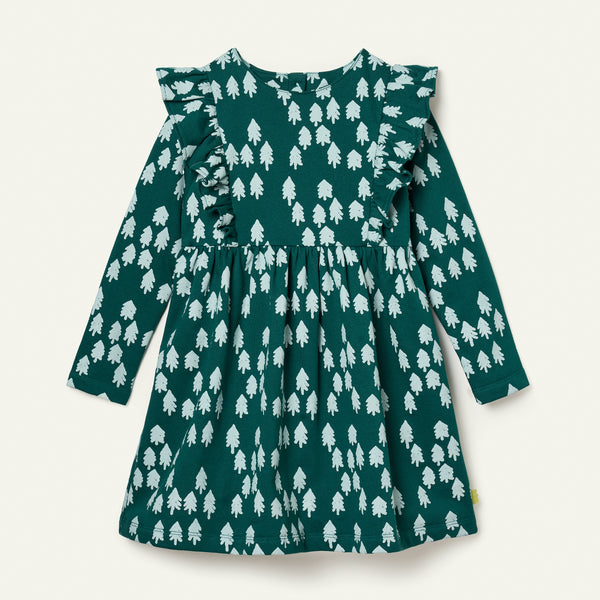 Recycled Cotton Snowy Pine Ruffle Dress