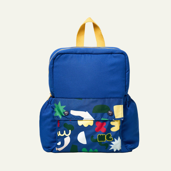 Blue backpack with colorful designs on a white background