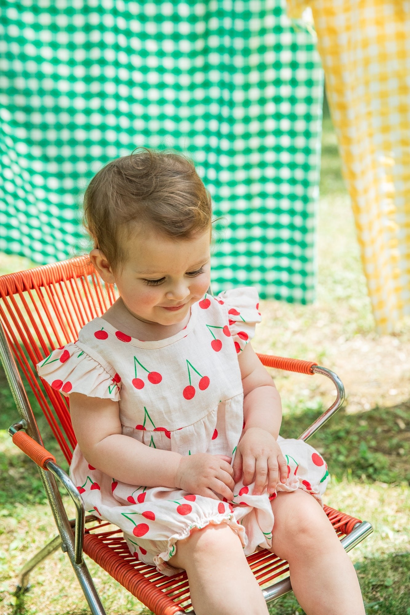 Linen Cherry Ruffle Baby Romper