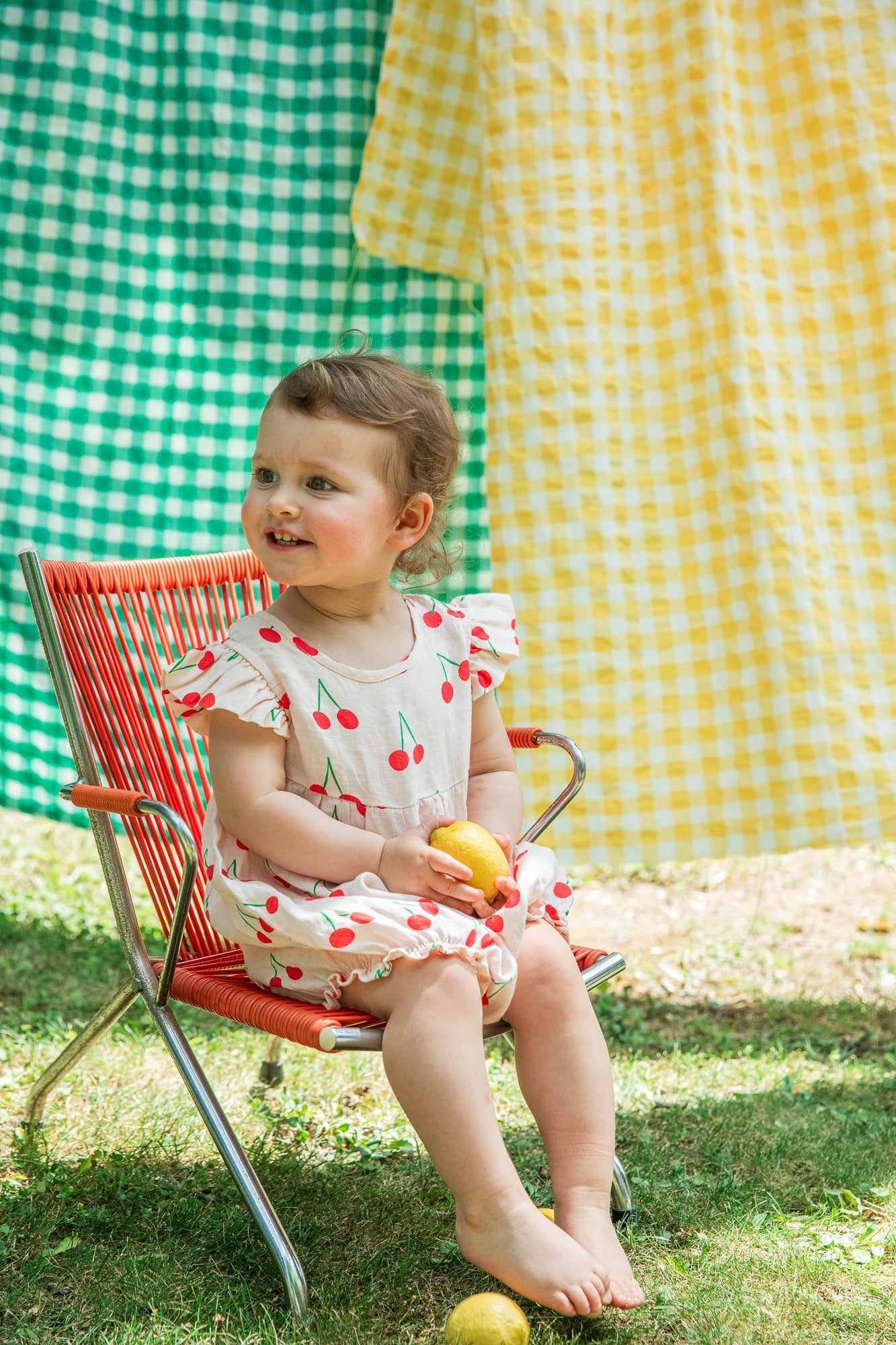 Linen Cherry Ruffle Baby Romper