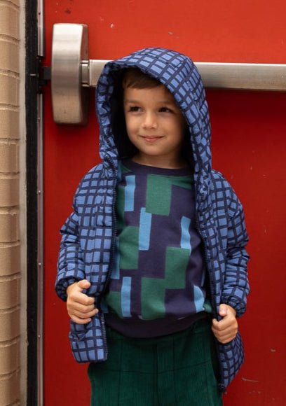 Recycled Polyester Blue Grid Lightweight Puffer