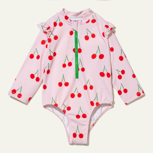 UPF 50+ Recycled Polyester Cherry Kid Zipped Rashguard Onepiece