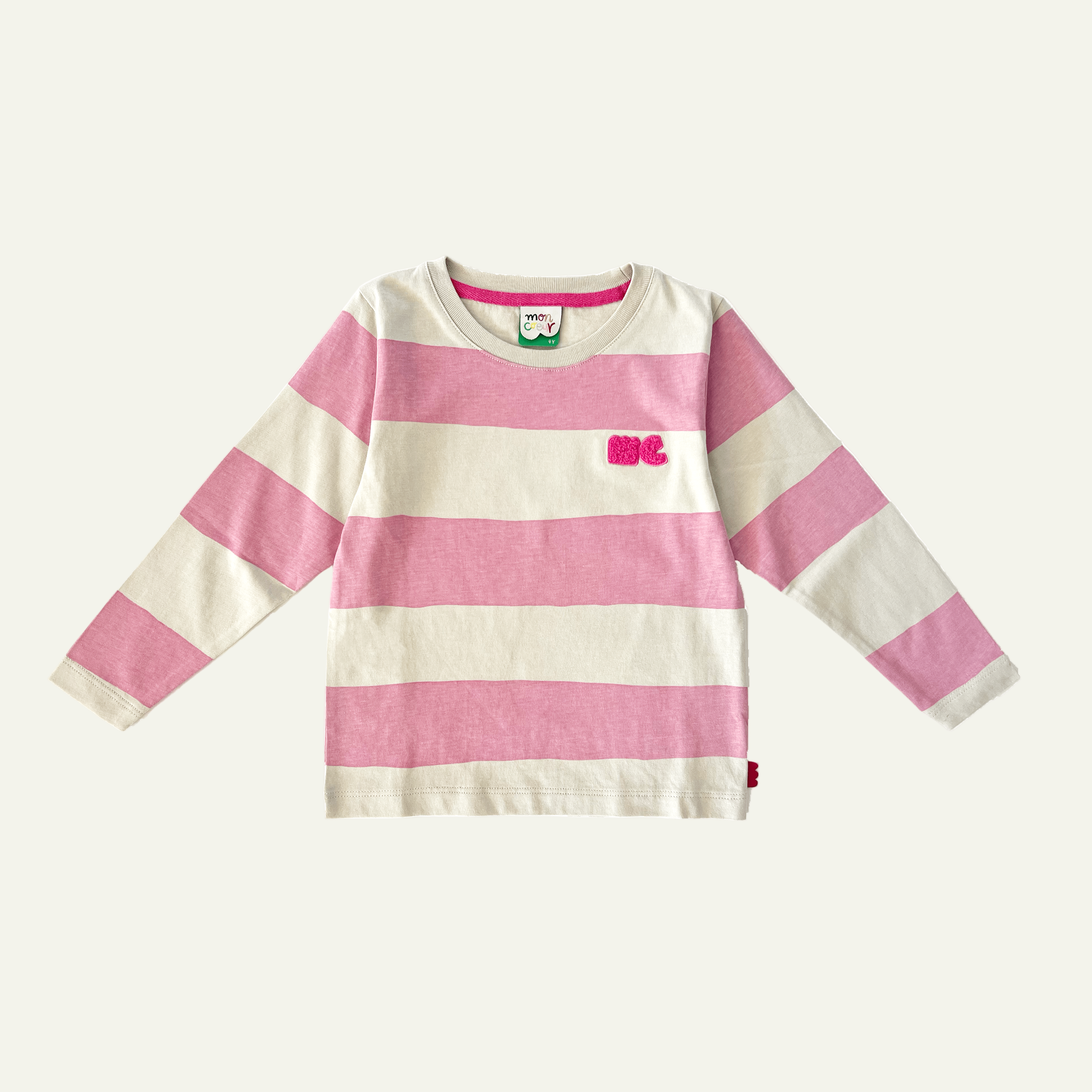 Pink and white striped long-sleeve shirt on a white background