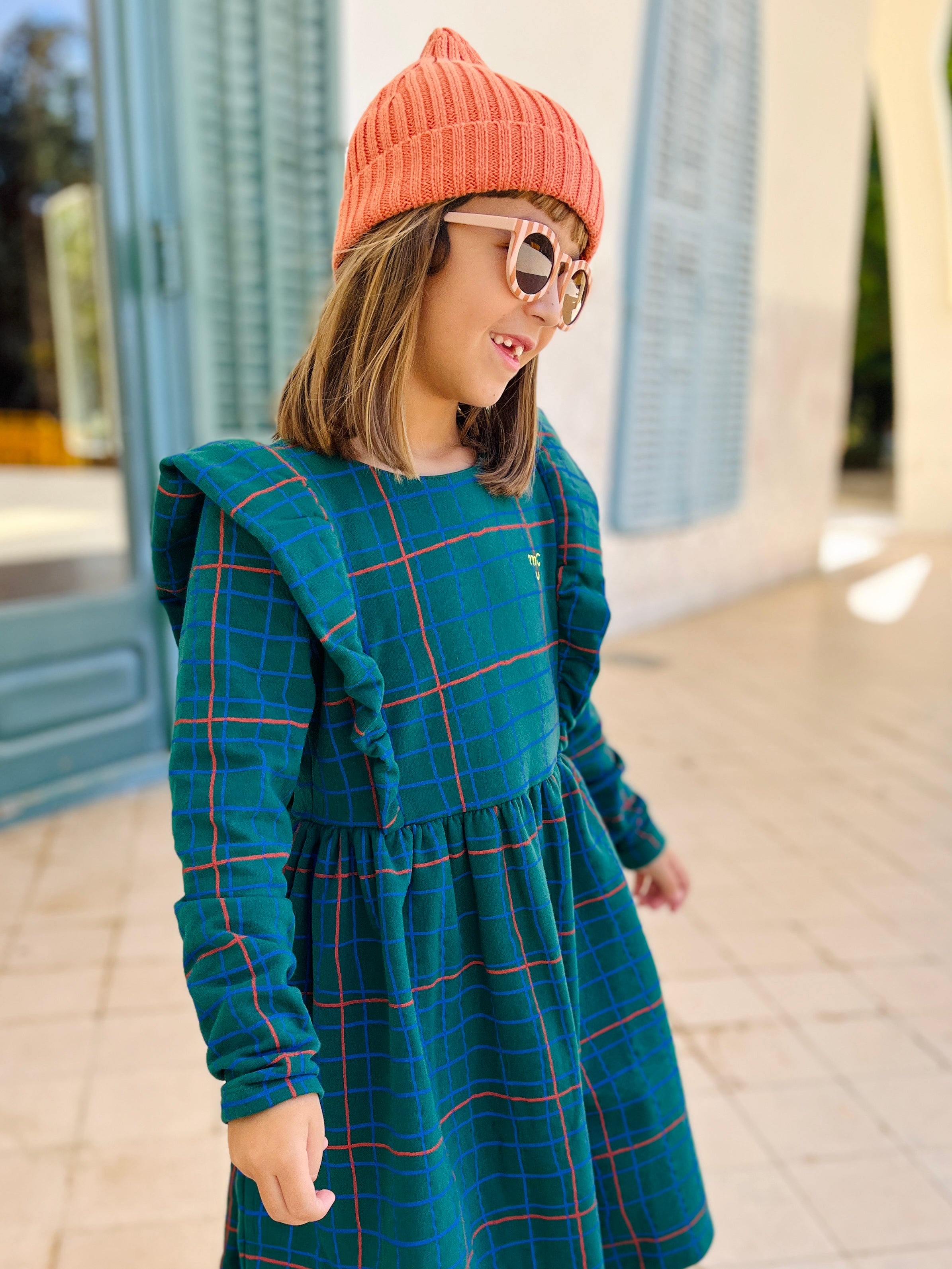 Recycled Cotton Grid Kid Ruffle Dress